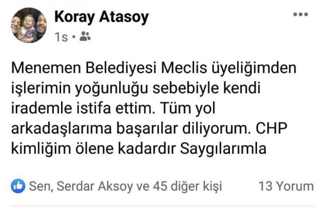 Menemen Belediye Meclisi’nde Chp’li Üye İstifa Etti